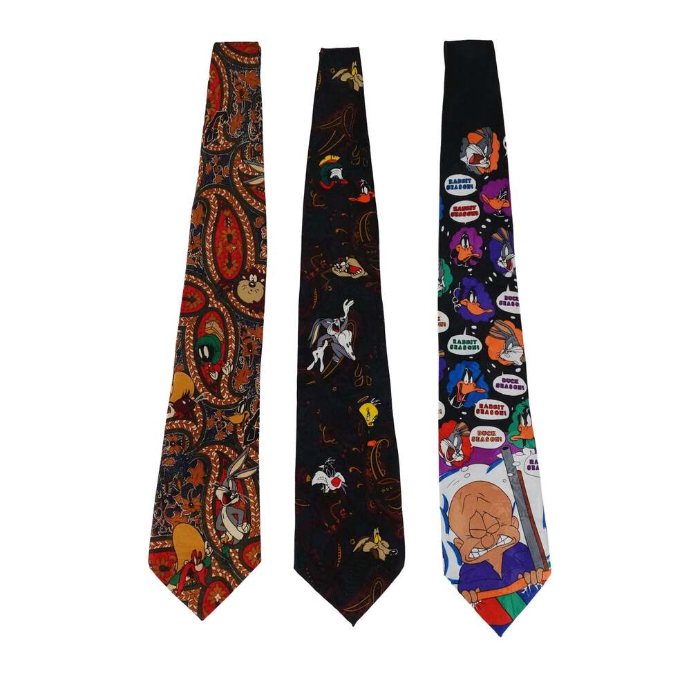 Looney Tunes Mania Tie Lot of 3 Bugs Taz Daffy Marvin Men's 1 Silk 2 Polyester